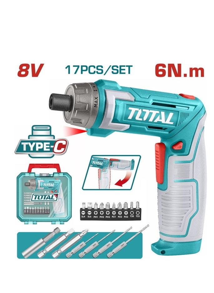TOTAL - Total Cordless Screwdriver 8V 6Nm – Adjustable Handle, 15+1 Torque Settings, USB Type-C Charging, Integrated LED Light, Includes 10 Cr-V Bits, HSS Drill Bits & Carrying Case – Ideal for Home Repairs & DIY Projects - Image 1