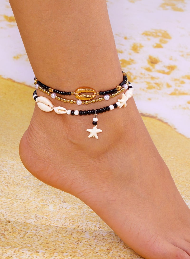 Bohemian Transparent Color Contrasting Rice Bead Foot Chain Set Summer Versatile Beach Rice Bead Shell Foot Chain