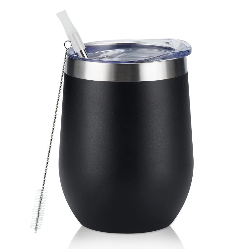 6 Pack Stainless Steel Wine Tumblers 12Oz Insulated Wine Tumbler Double Wall Insulated Wine Glass Stainless Steel Stemless Wine Cups with Lids for Coffee Wine Cocktails Champaign Black