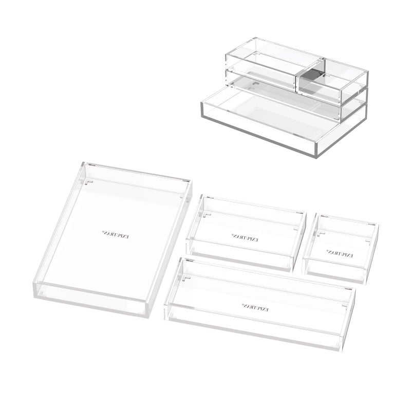 EXPUTRAN Clear Acrylic Desk Organizer for Office or Home Desk Drawer Dividers Makeup Vanity Storage Bins Stackable 4Pack Acrylic Accessory and Half Accessory TraySmall Tray