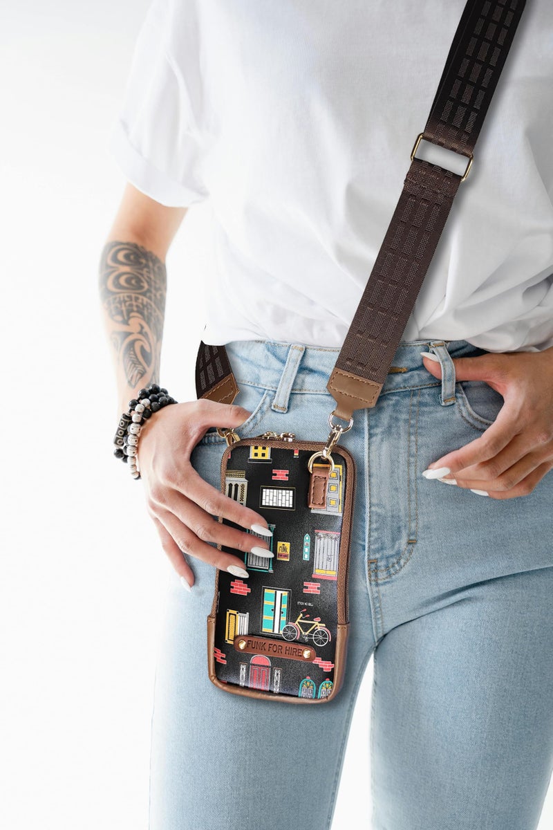 Funk For Hire Womens Leatherette Printed Mobile Holder Sling Bag - Black And Brown - Image 4