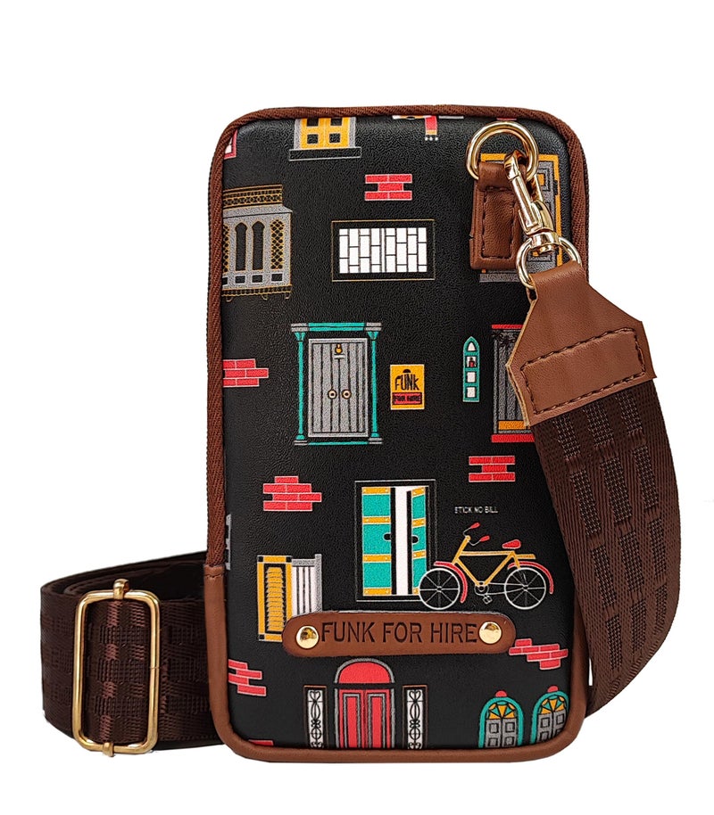 Funk For Hire Womens Leatherette Printed Mobile Holder Sling Bag - Black And Brown - Image 1