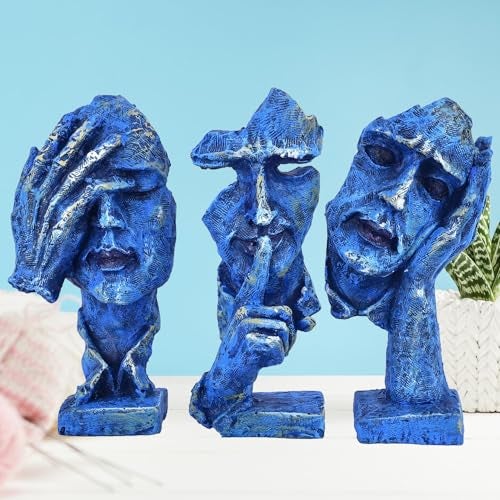 DEQUERA Resin Human Face With Hand On His Mouth Showpiece With Base For Home Decor | Decorative Items For Room | Home Decoration Items | Table Decoration Items - Blue, 15 Centimeters, 10 CM - Image 1