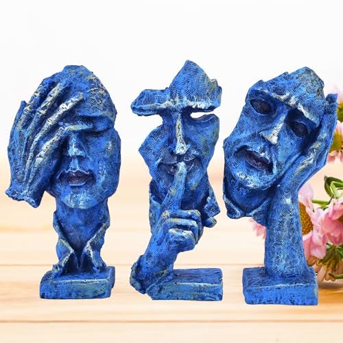 DEQUERA Resin Human Face With Hand On His Mouth Showpiece With Base For Home Decor | Decorative Items For Room | Home Decoration Items | Table Decoration Items - Blue, 15 Centimeters, 10 CM - Image 3