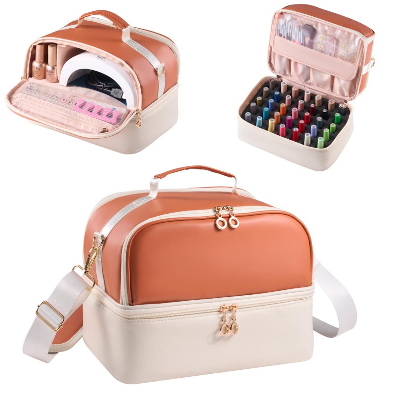 CTWWFS Nail Polish Organizer Holds 35 Bottles & Nail Lamp, Nail Organizers and Storage, Double Layer Nail Bag with Handle & Shoulder Strap for Travel, Nail Supplies Organizer for Manicure Kit (Brown+Beige) - Image 1