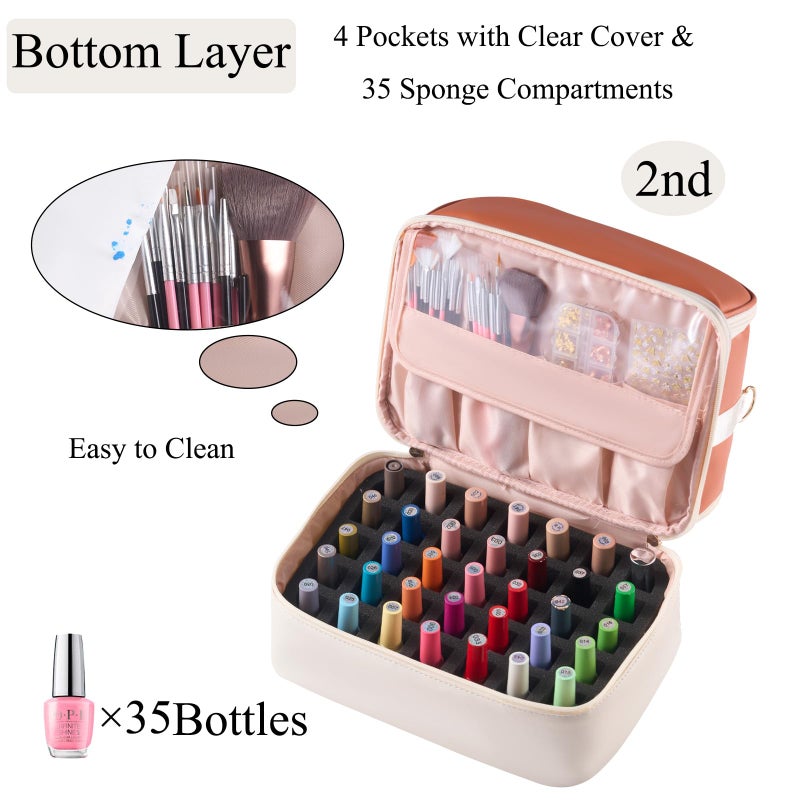 CTWWFS Nail Polish Organizer Holds 35 Bottles & Nail Lamp, Nail Organizers and Storage, Double Layer Nail Bag with Handle & Shoulder Strap for Travel, Nail Supplies Organizer for Manicure Kit (Brown+Beige) - Image 4