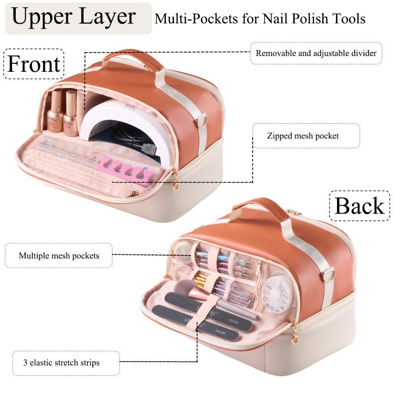 CTWWFS Nail Polish Organizer Holds 35 Bottles & Nail Lamp, Nail Organizers and Storage, Double Layer Nail Bag with Handle & Shoulder Strap for Travel, Nail Supplies Organizer for Manicure Kit (Brown+Beige) - Image 3