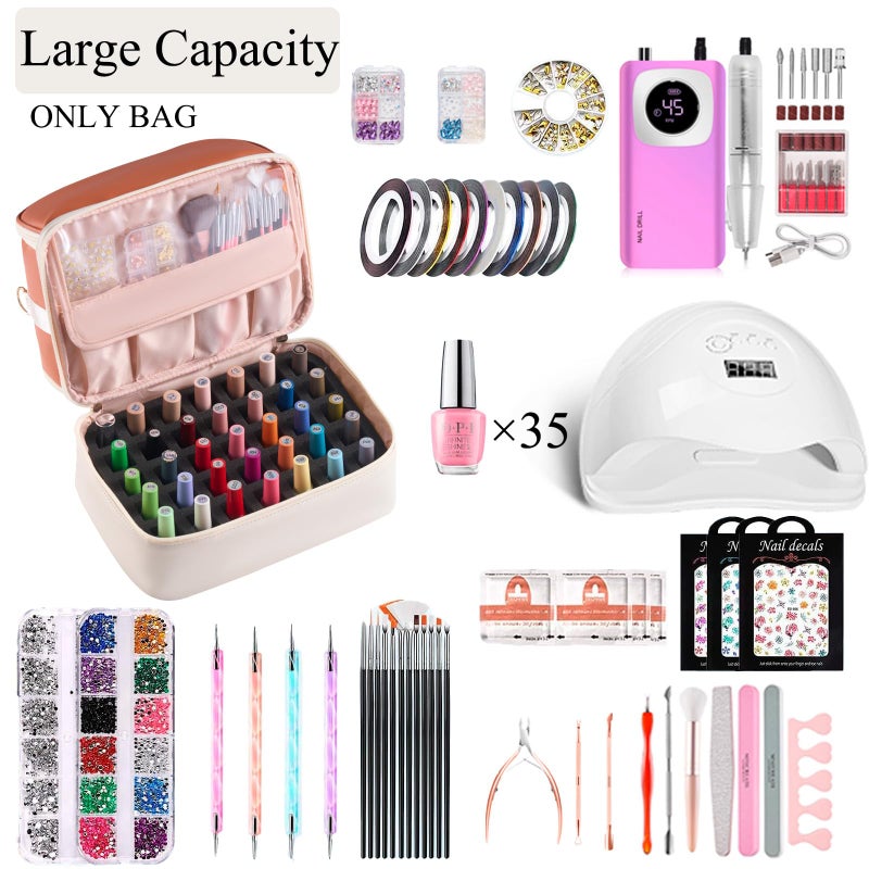 CTWWFS Nail Polish Organizer Holds 35 Bottles & Nail Lamp, Nail Organizers and Storage, Double Layer Nail Bag with Handle & Shoulder Strap for Travel, Nail Supplies Organizer for Manicure Kit (Brown+Beige) - Image 2