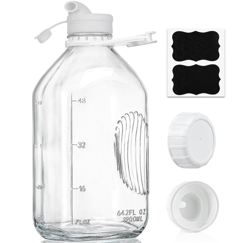 Syntic 2 Qt Glass Milk Bottle with Reusable Strong Airtight SCREW LID, 64 Oz Glass Juice Bottles for Almond Milk, Oat/Nut Milk- 0.5 Gal Water Bottle with 2 Exact Scale Lines, Extra Handle AND Capï¼ - Image 1
