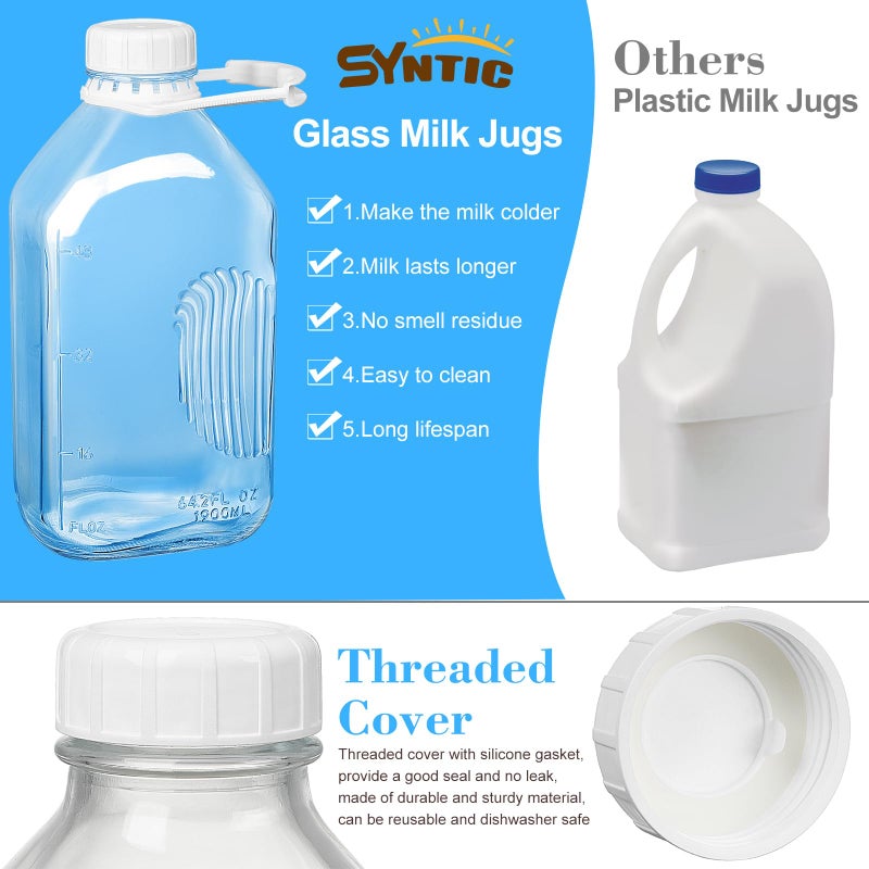 Syntic 2 Qt Glass Milk Bottle with Reusable Strong Airtight SCREW LID, 64 Oz Glass Juice Bottles for Almond Milk, Oat/Nut Milk- 0.5 Gal Water Bottle with 2 Exact Scale Lines, Extra Handle AND Capï¼ - Image 4