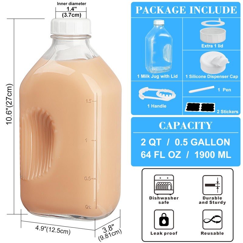 Syntic 2 Qt Glass Milk Bottle with Reusable Strong Airtight SCREW LID, 64 Oz Glass Juice Bottles for Almond Milk, Oat/Nut Milk- 0.5 Gal Water Bottle with 2 Exact Scale Lines, Extra Handle AND Capï¼ - Image 3