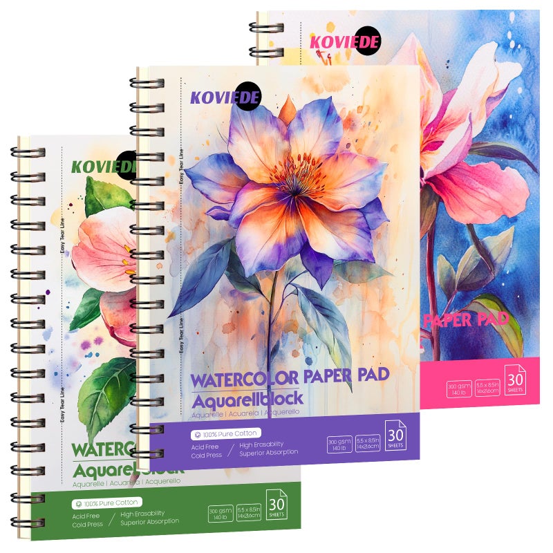 KOVIEDE 100% Cotton Watercolor Paper Pad 3 Pack (90 Sheets) Cold Press 140lb/300gsm Spiral Bound Watercolor Sketchbook, Artist Quality Art Journal Supplies (Floral-3 Pack, 5.5â€œx8.5) - Image 1