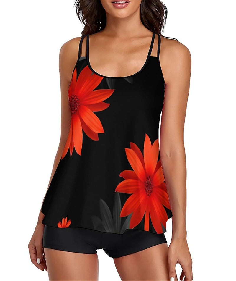 Urchics Stylish Swim Suits for Women Slimming Tankini Set Adjustable Straps 2 Piece Swimwear Tropical Hawaii Beach Pool Party Photoshoot Flattering Hides Belly Perfect for Vacation Black Orange Sunflower XL - Image 1