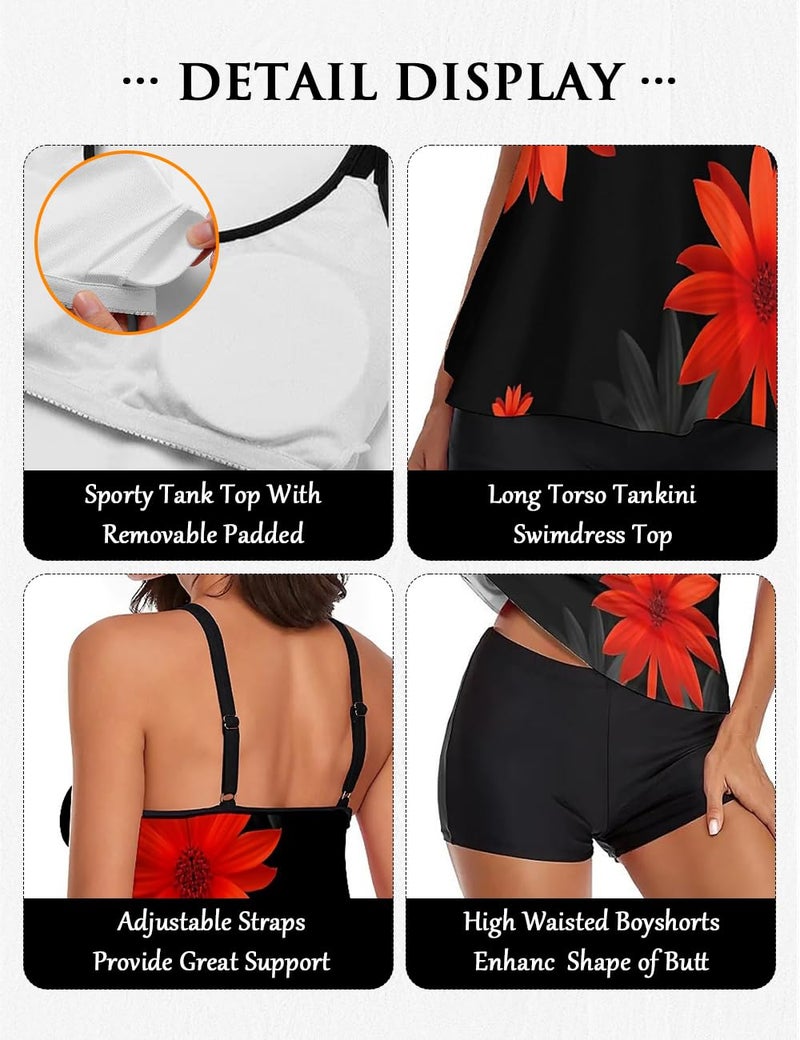 Urchics Stylish Swim Suits for Women Slimming Tankini Set Adjustable Straps 2 Piece Swimwear Tropical Hawaii Beach Pool Party Photoshoot Flattering Hides Belly Perfect for Vacation Black Orange Sunflower XL - Image 4