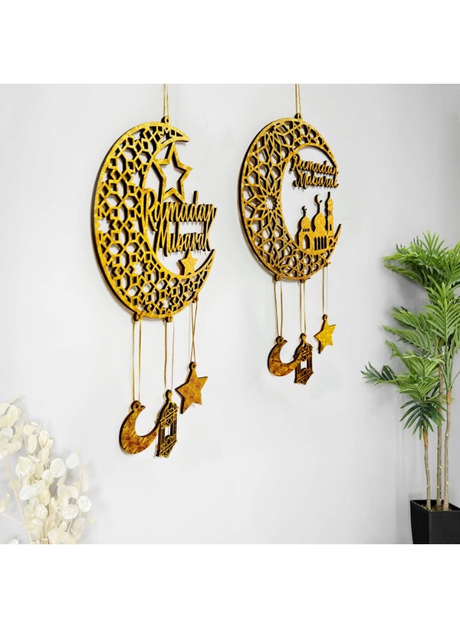 تشيلور قطعتان من زينة رمضان المبارك المعلقة، لافتة عيد كريم خشبية معلقة لتزيين باب غرفة المنزل، زينة مبتكرة على شكل نجمة وقمر مجوفة، زينة على شكل قلاع لرمضان كريم. - Image 5