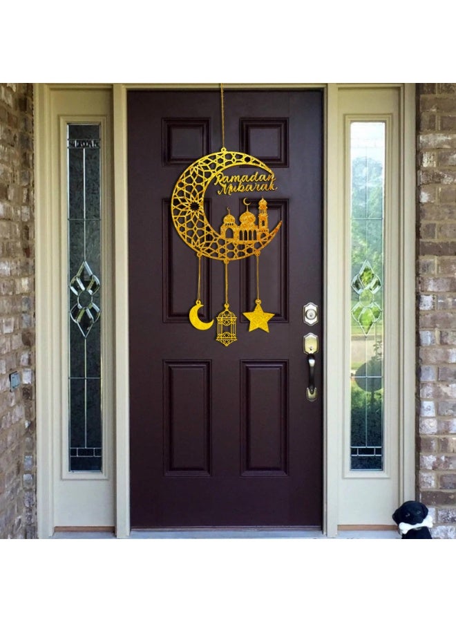 تشيلور قطعتان من زينة رمضان المبارك المعلقة، لافتة عيد كريم خشبية معلقة لتزيين باب غرفة المنزل، زينة مبتكرة على شكل نجمة وقمر مجوفة، زينة على شكل قلاع لرمضان كريم. - Image 4