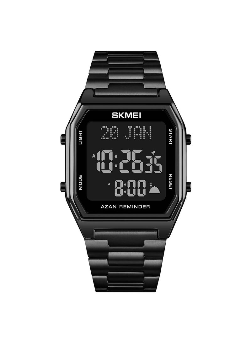 Men's Muslim Stainless Steel Strap Digital Square Azan Watch 3671BKBK - Image 1