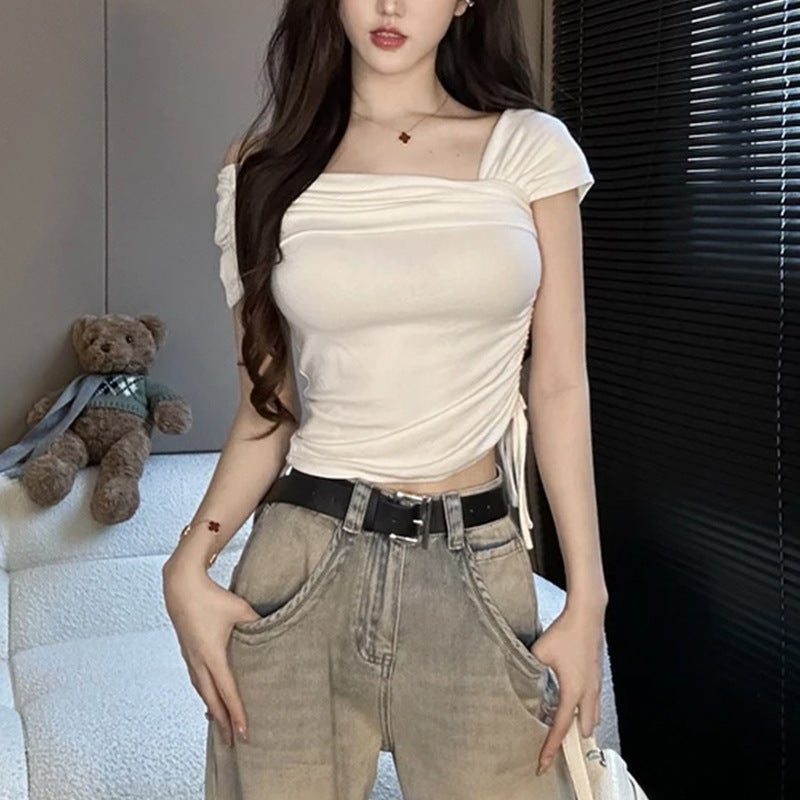 Manjieya New Style Off-Shoulder Short Slim-Fit Pure Desire Style Top Women'S Short-Sleeve Tight Waist Drawstring Tight Waist Spice Girl T-Shirt - Image 3