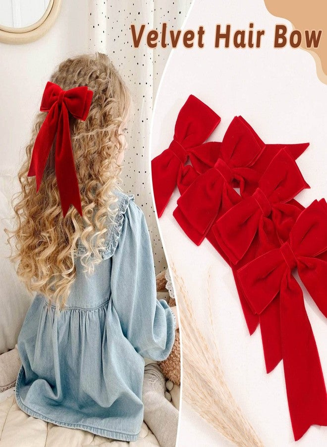 NCMAMA 4PCS Velvet Hair Bows for Girls, Red Hair Bow Clips Ponytail long Ribbon Bows Hair Accessories for Women Girls Toddlers Infant (Red) - Image 2