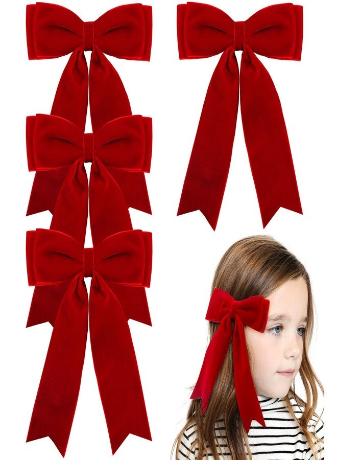 NCMAMA 4PCS Velvet Hair Bows for Girls, Red Hair Bow Clips Ponytail long Ribbon Bows Hair Accessories for Women Girls Toddlers Infant (Red) - Image 1