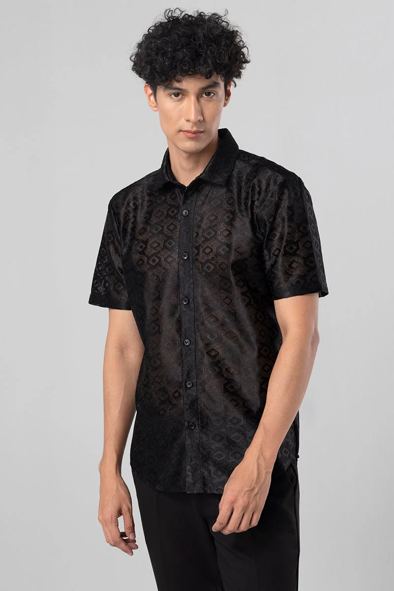 SNITCH Black Black Geometric Half Sleeve Regular Fit Shirt for Men | Best Price UAE