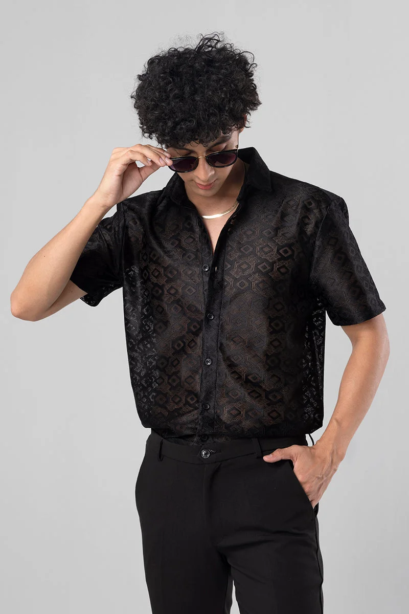 SNITCH Black Geometric Half Sleeve Regular Fit Shirt