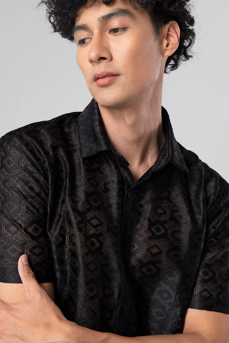 SNITCH Black Black Geometric Half Sleeve Regular Fit Shirt for Men | Best Price UAE