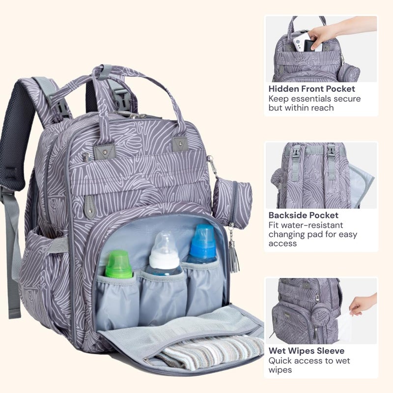 BabbleRoo Diaper Bag Backpack - Baby Essentials Travel Tote - Multi Function Water Resistant Diaper Bag, Travel Essentials Baby Bag with Changing Pad, Stroller Straps & Pacifier Case - Grey Swirls - Image 5
