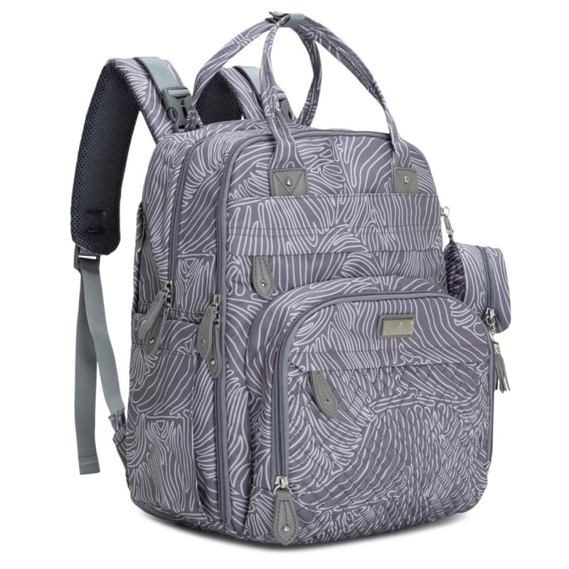 BabbleRoo Diaper Bag Backpack - Baby Essentials Travel Tote - Multi Function Water Resistant Diaper Bag, Travel Essentials Baby Bag with Changing Pad, Stroller Straps & Pacifier Case - Grey Swirls - Image 1