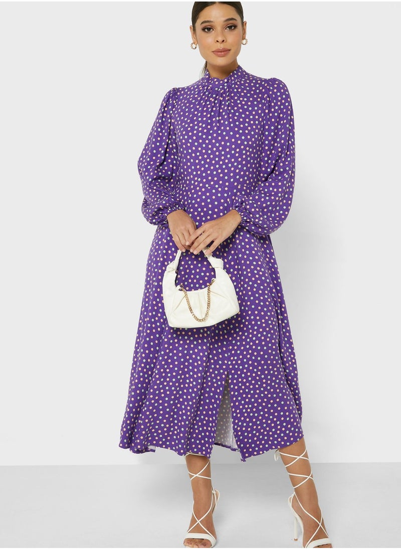 High Neck Balloon Sleeve Dress
