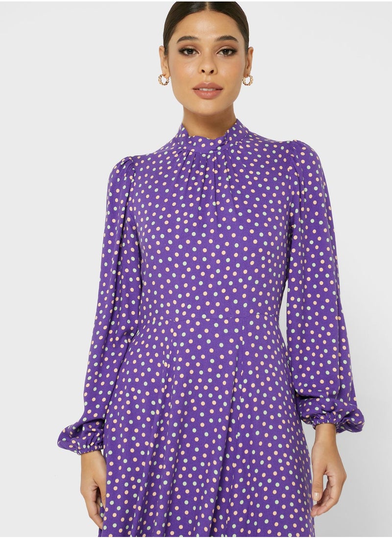 High Neck Balloon Sleeve Dress