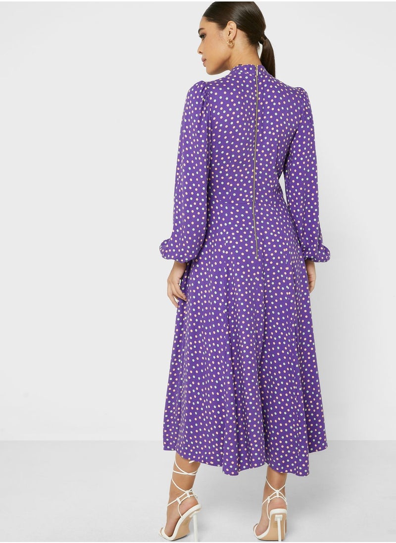 High Neck Balloon Sleeve Dress