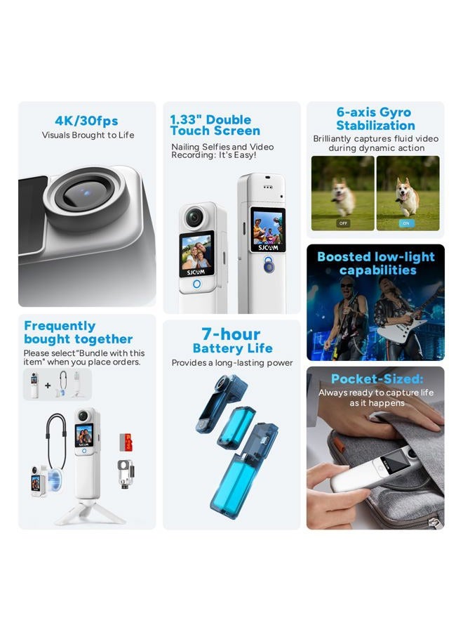 SJCAM C300 Pocket Camera 4K, 3800mAh Battery 6-Axis Stabilizer Action Camera, Dual-Touch Screen Body Camera, Waterproof, Suitable for Vlogging and Live Streaming, with Helmet Mount Kits, White - Image 3