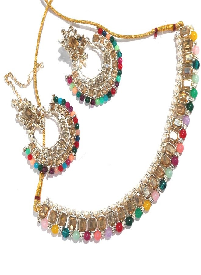 HOMSUN Womens Jewellery Artificial Stones & Pearls Drop Bridal Necklace with Earrings - Jewellery Set for Women, Girls Best Suits for Party Wedding and Festive Occasions (Chand Bali Necklace, 1) - Image 1