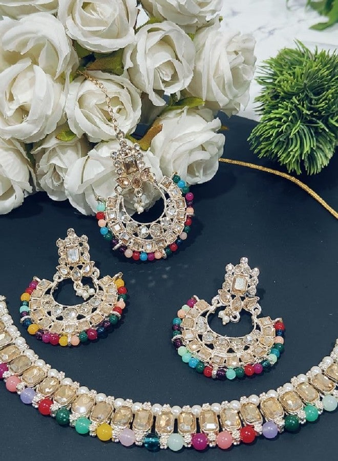 HOMSUN Womens Jewellery Artificial Stones & Pearls Drop Bridal Necklace with Earrings - Jewellery Set for Women, Girls Best Suits for Party Wedding and Festive Occasions (Chand Bali Necklace, 1) - Image 4