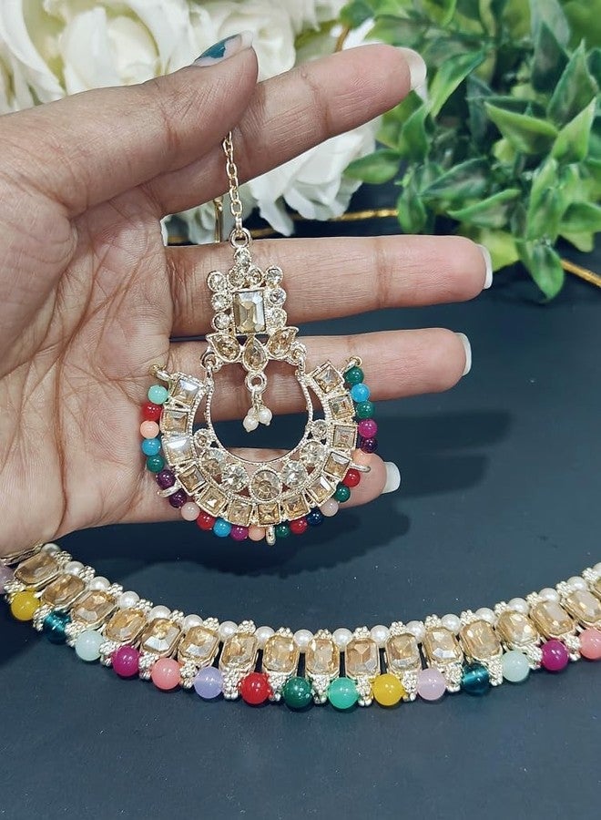 HOMSUN Womens Jewellery Artificial Stones & Pearls Drop Bridal Necklace with Earrings - Jewellery Set for Women, Girls Best Suits for Party Wedding and Festive Occasions (Chand Bali Necklace, 1) - Image 2