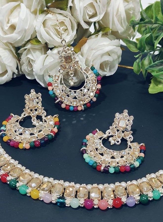 HOMSUN Womens Jewellery Artificial Stones & Pearls Drop Bridal Necklace with Earrings - Jewellery Set for Women, Girls Best Suits for Party Wedding and Festive Occasions (Chand Bali Necklace, 1) - Image 3
