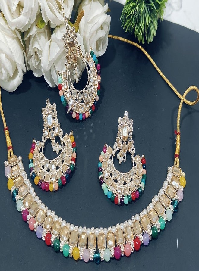 HOMSUN Womens Jewellery Artificial Stones & Pearls Drop Bridal Necklace with Earrings - Jewellery Set for Women, Girls Best Suits for Party Wedding and Festive Occasions (Chand Bali Necklace, 1) - Image 5