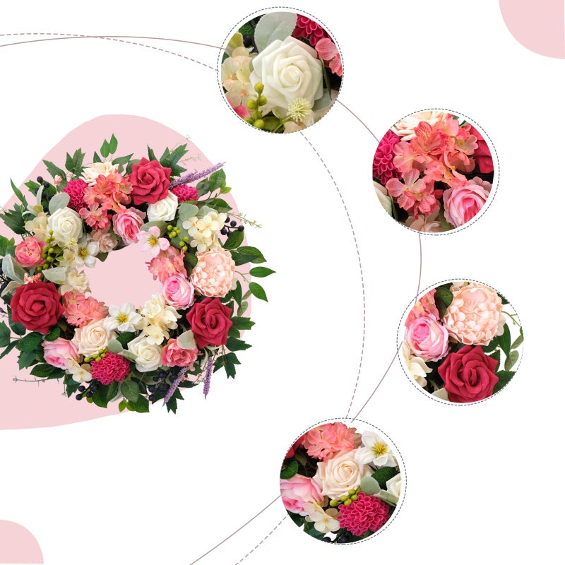 CIR OASES 22 Inch Spring/Summer Floral Wreaths for Front Door,Artificial Decoration Wreath with Rose Dahlia Hydrangea for Home Valentine Wedding Mothers Day Decor(RED) - Image 2