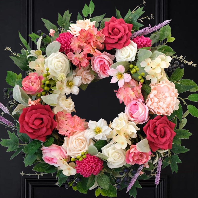 CIR OASES 22 Inch Spring/Summer Floral Wreaths for Front Door,Artificial Decoration Wreath with Rose Dahlia Hydrangea for Home Valentine Wedding Mothers Day Decor(RED) - Image 1