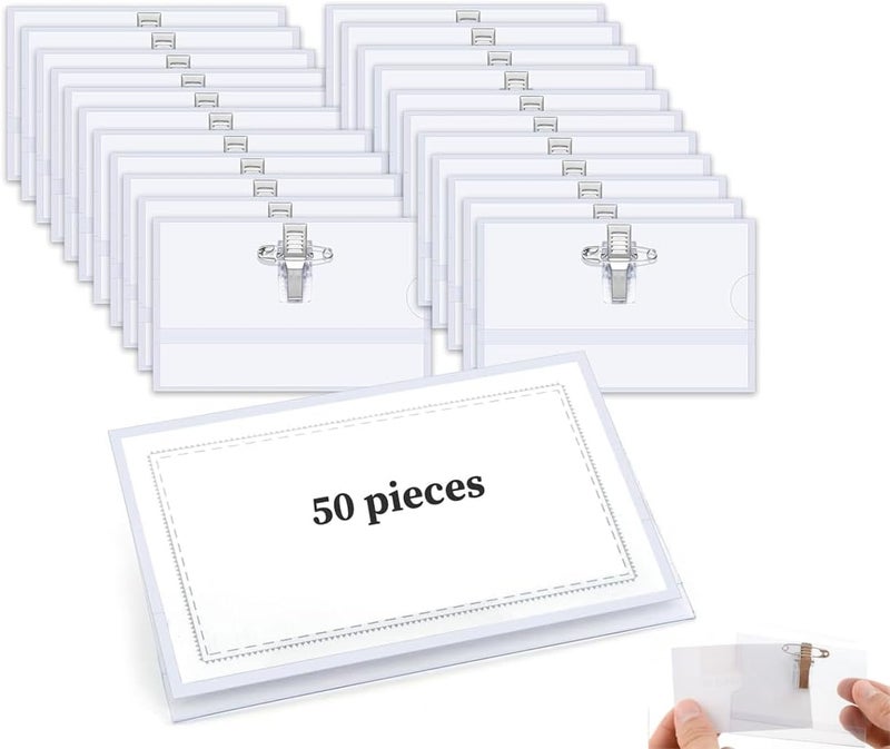 KWSLIN 50 Pack Name Badges with Clip and Pin, Clear Plastic Horizontal ID Holders, Blank Card Insert Sheets Badge Holders for School, Colleges, Offices, Corporate Event - Image 1