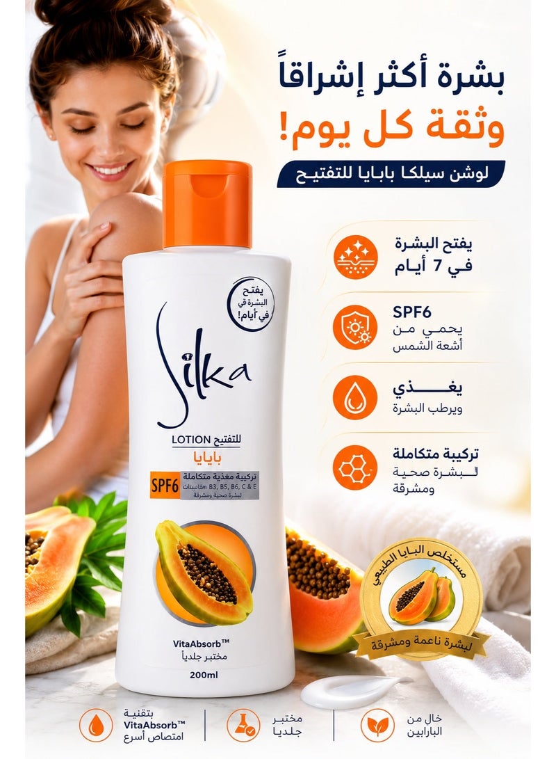 Silka Papaya Brightening Lotion enriched with Vitamins B3, B5, B6, C, A  200 ml - Image 2