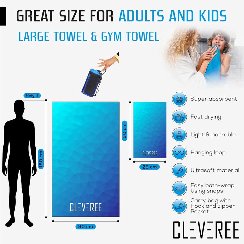 CLEVEREE Beach and Gym Towel for Men Women - Microfiber Pool Swimming Towel - Fast-Drying With Carry Bag - Large 150x90 cm and 50x25 cm (Royal Blue) - Image 4