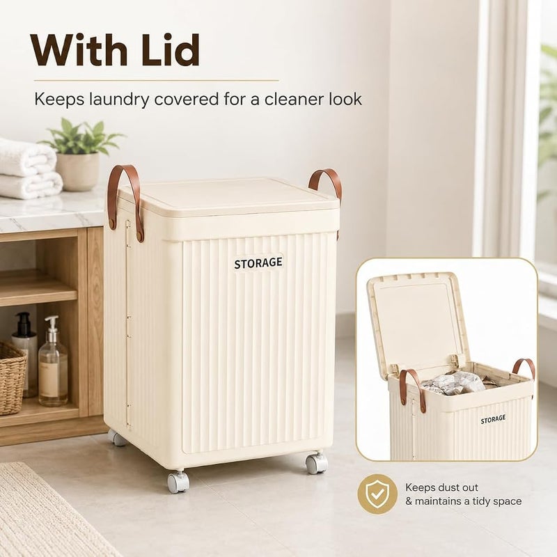 XVersion 75L Large Laundry Basket with Wheels and Lid, Foldable Rolling Laundry Hamper for Laundry, Toys, Bedroom and Bathroom, Beige - Image 4