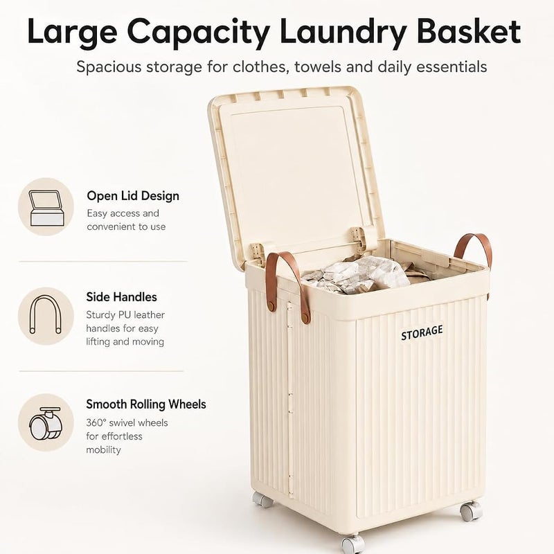 XVersion 75L Large Laundry Basket with Wheels and Lid, Foldable Rolling Laundry Hamper for Laundry, Toys, Bedroom and Bathroom, Beige - Image 3