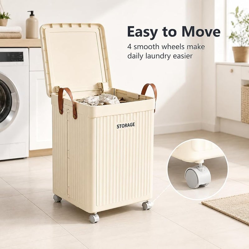XVersion 75L Large Laundry Basket with Wheels and Lid, Foldable Rolling Laundry Hamper for Laundry, Toys, Bedroom and Bathroom, Beige - Image 2