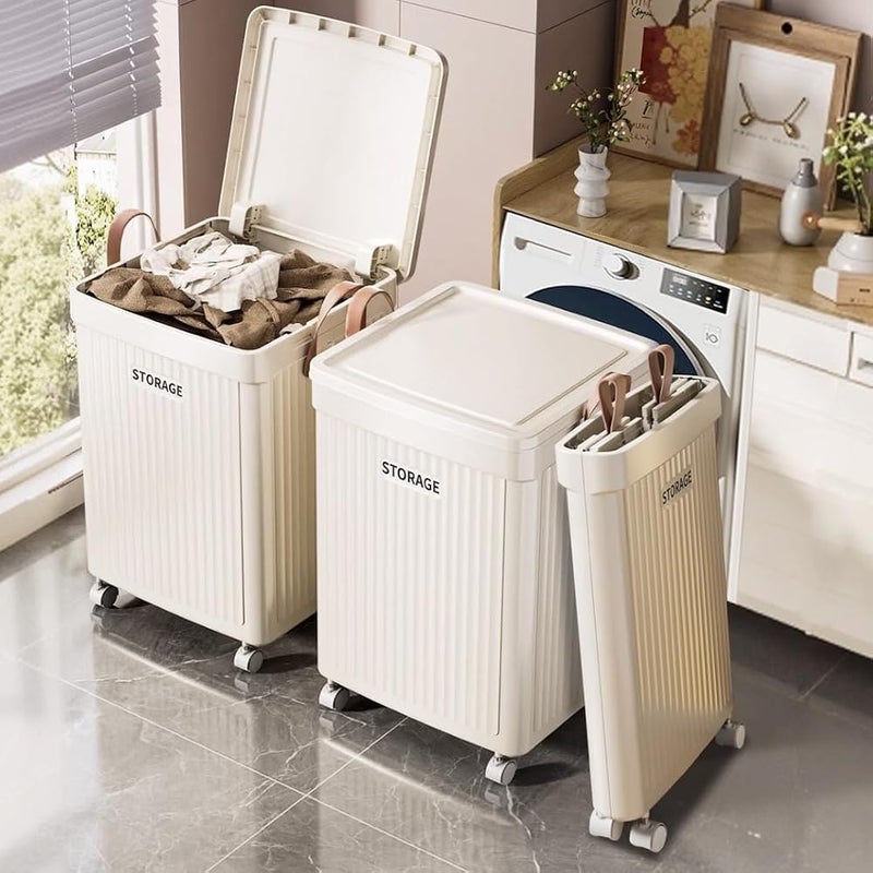 XVersion 75L Large Laundry Basket with Wheels and Lid, Foldable Rolling Laundry Hamper for Laundry, Toys, Bedroom and Bathroom, Beige - Image 1