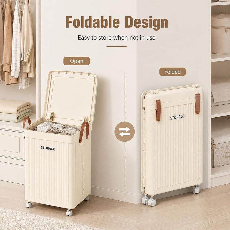 XVersion 75L Large Laundry Basket with Wheels and Lid, Foldable Rolling Laundry Hamper for Laundry, Toys, Bedroom and Bathroom, Beige - Image 5