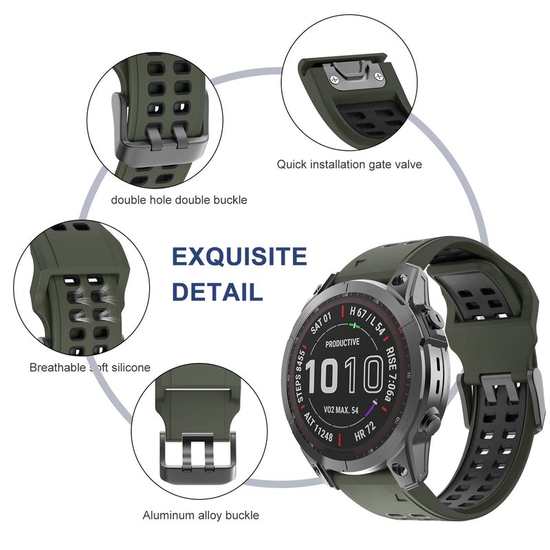 OVERSTEP Compatible with Garmin Fenix 7 Band, 22mm Easy-fit Sport Silicone Strap for Fenix 5/Fenix 5 Plus/Fenix 6/Fenix 6 Pro Smartwatch, Army Grenn Black - Image 3
