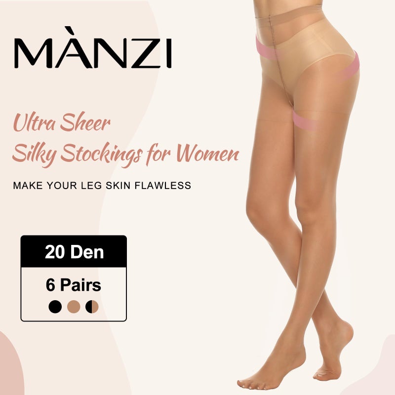 MANZI 6 Pairs Women's 20D Sheer Silky Pantyhose Run Resistant Nylon Tights High Waist Stockings with Control Top (6 Natural,M) - Image 2